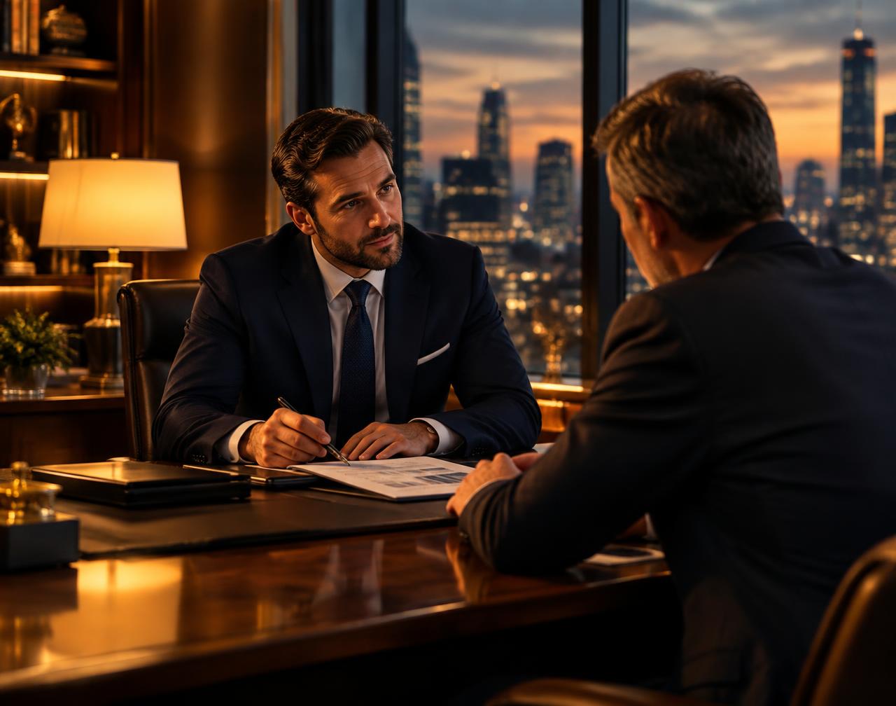 Consultant meeting one-on-one with a client in an executive office at dusk