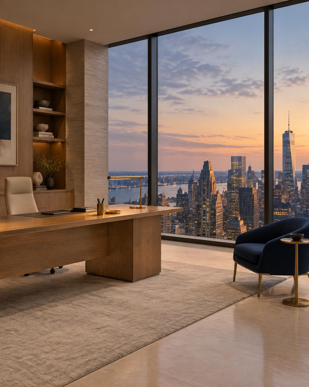 Executive office overlooking the city at dusk