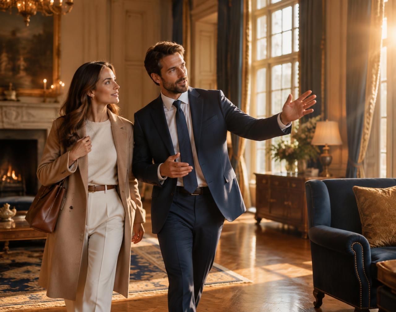 Real estate advisor giving a client a tour of a stately property