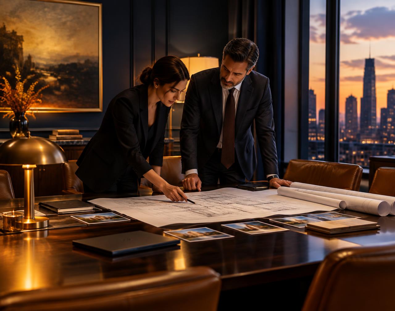 Advisors reviewing property plans across a conference table